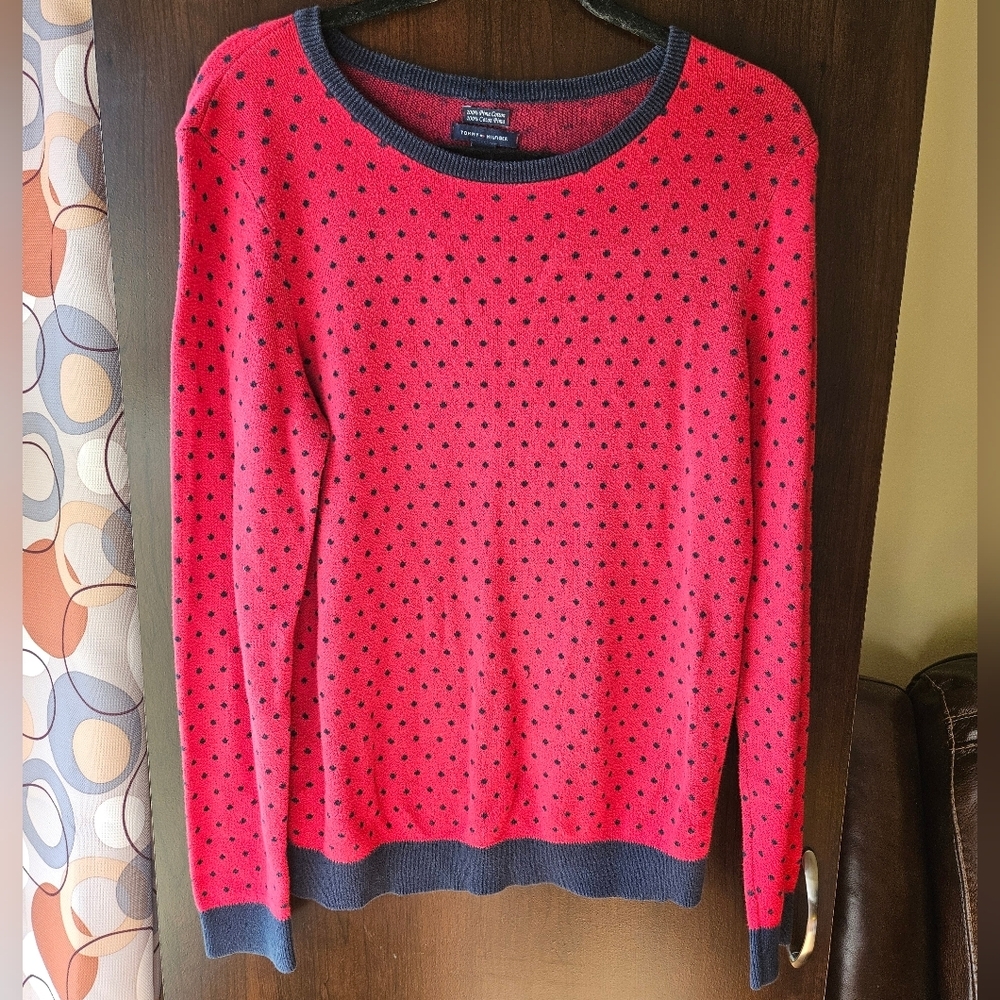 Tommy Hilfiger Long Sleeve Red And Dark Blue Polka Dot Top